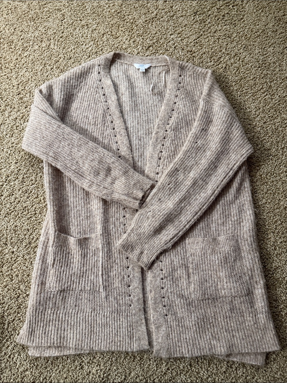 Time and Tru Taupe Open-Front Ribbed Cardigan with Pockets